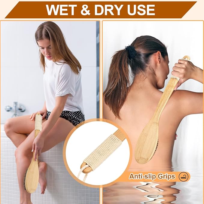 eaxun Bamboo Shower Brush with Curved Long Handle, 16.7 Inches Exfoliating Back - Image 5