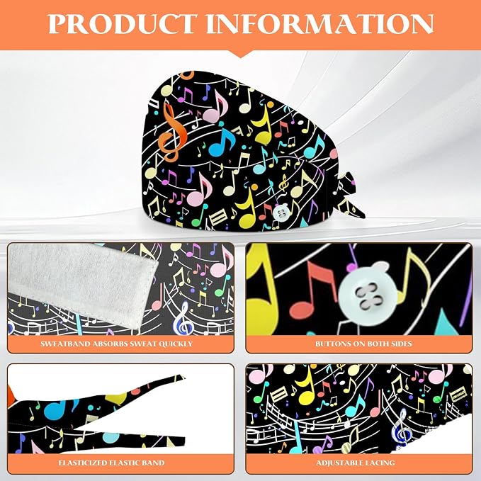 Adjustable Scrub Cap with Buttons & Sweatband, Working Hat with Elastic Tie Back - Image 2