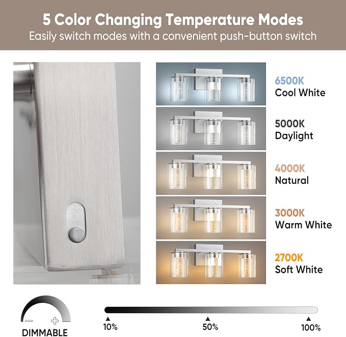 LED Modern Bathroom Light Fixtures Over Mirror, 3-Light Brushed Nickel Vanity - Image 3