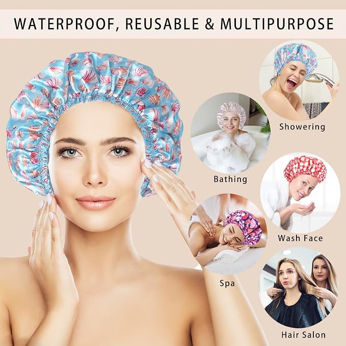 Shower Caps for Women, Double Layers Shower Cap Reusable Waterproof, Bathing - Image 3