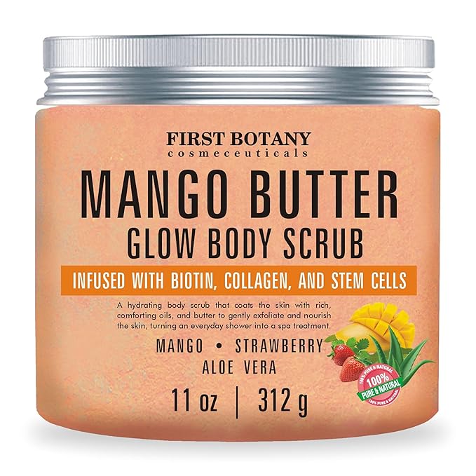 Mango Butter Body Scrub Exfoliator Biotin, Stem Cells by FirstBotanyCosmeceuticals