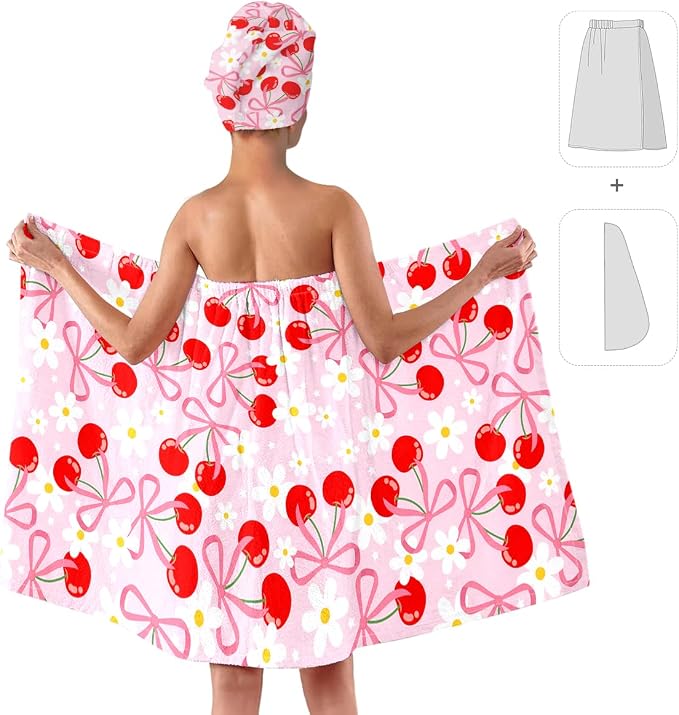 Cherry Bath Wrap with Matching Hair Drying Cap – Soft Microfiber Lightweight - Image 2