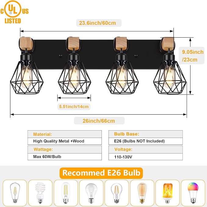 FadimiKoo 4-Light Farmhouse Bathroom Light Fixtures Over Mirror, Rustic Wood - Image 2