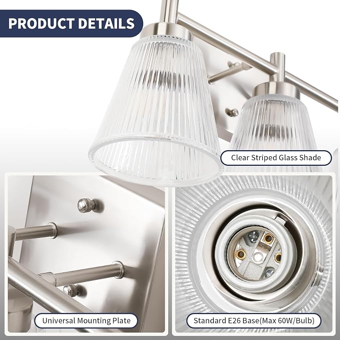 OCIOC Nickel Bathroom Vanity Light 3-Light Bathroom Light Fixtures Over Mirror - Image 5