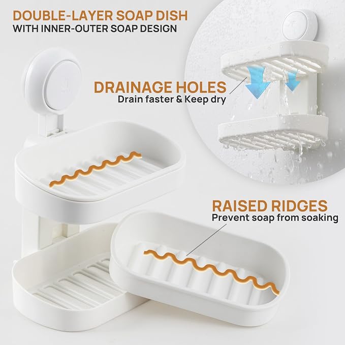 LEVERLOC Soap Dish Holder for Shower, Double Layer Suction Cup Wall Mounte Self - Image 4
