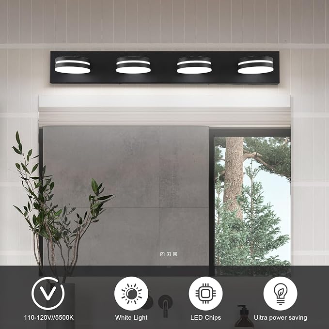 4-Light Bathroom Vanity Light, Matte Black Bathroom Light Fixtures Over Mirror - Image 3