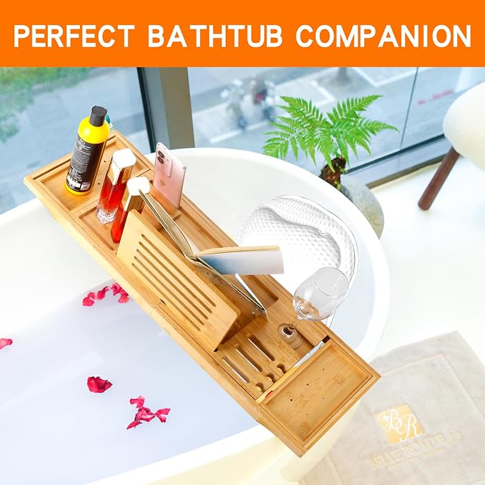 Bathtub Tray Table and Bath Pillow, Expandable and Foldable Bath Caddy Tray - Image 2