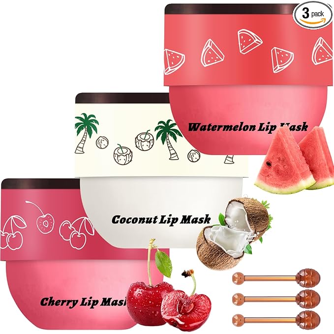 3 PCS Bee Lip Balm Lip Mask Honey Pot, Watermelon & Cherry & Coconut Lip Mask by Unknown
