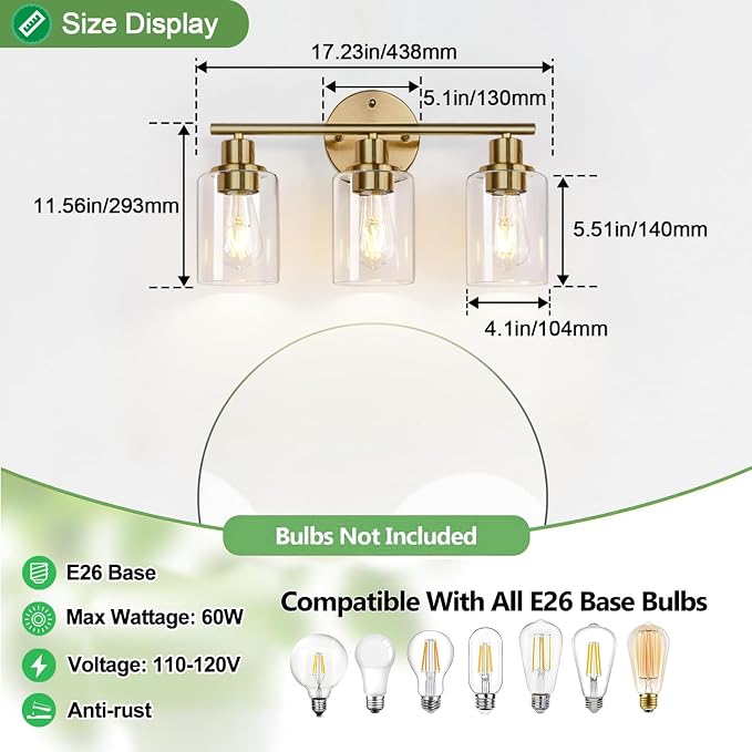 3-Light Gold Bathroom Light Fixtures, Modern Bathroom Vanity Light - Image 8