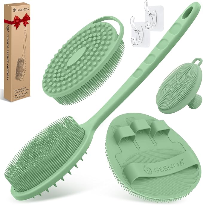 Silicone Back/Body/Face Scrubber & Soft Bath Glove Set 4PCS, Gentle Exfoliating by GEENOA