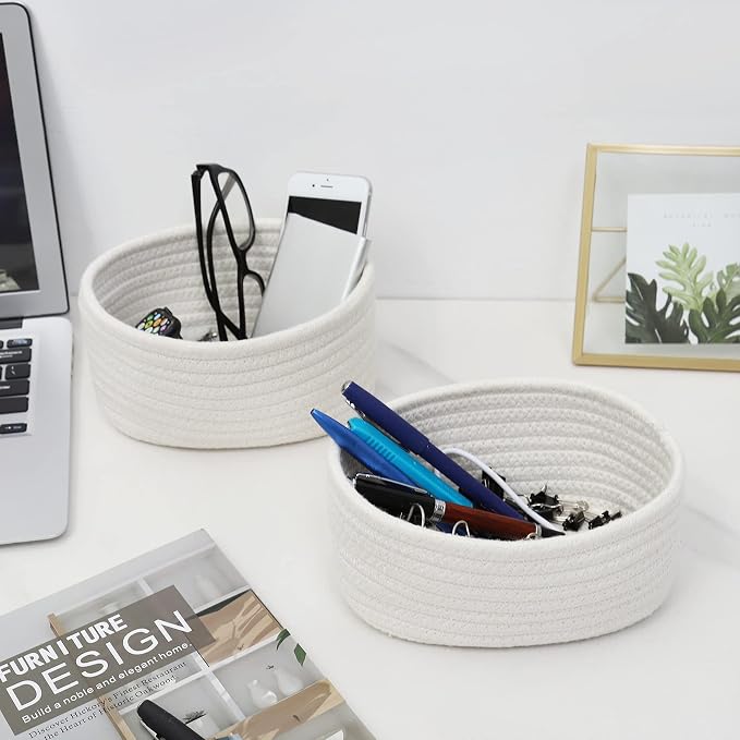 【2 Pack】 ABenkle Small Storage Baskets, Natural Cotton Rope Woven Baskets - Image 5