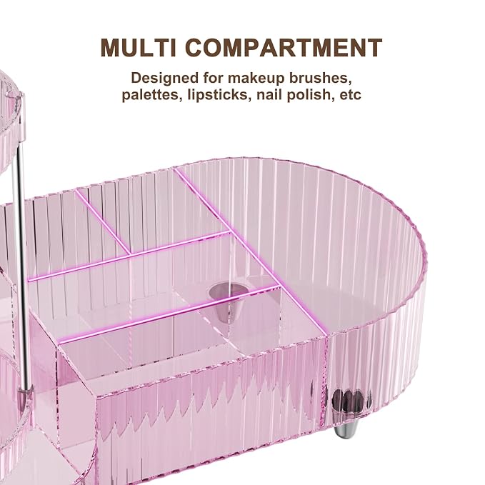 360 Rotating Vanity Makeup Organizer, 2 Small Trays & 5 Compartments - Image 4