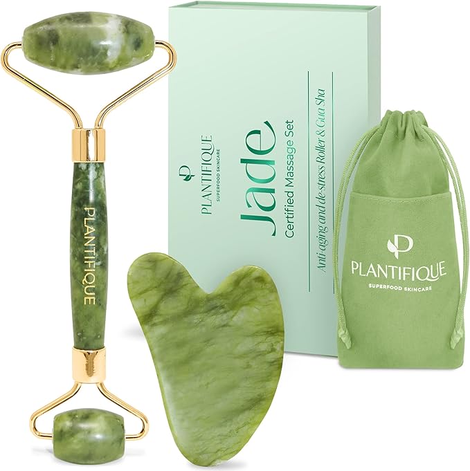 PLANTIFIQUE Jade Roller & Gua Sha Set – Real Jade Facial Tools by Plantifique