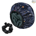 Navy Astral Print Satin Shower Cap, Three-Layer Terry Cloth Lined, by Yonchic