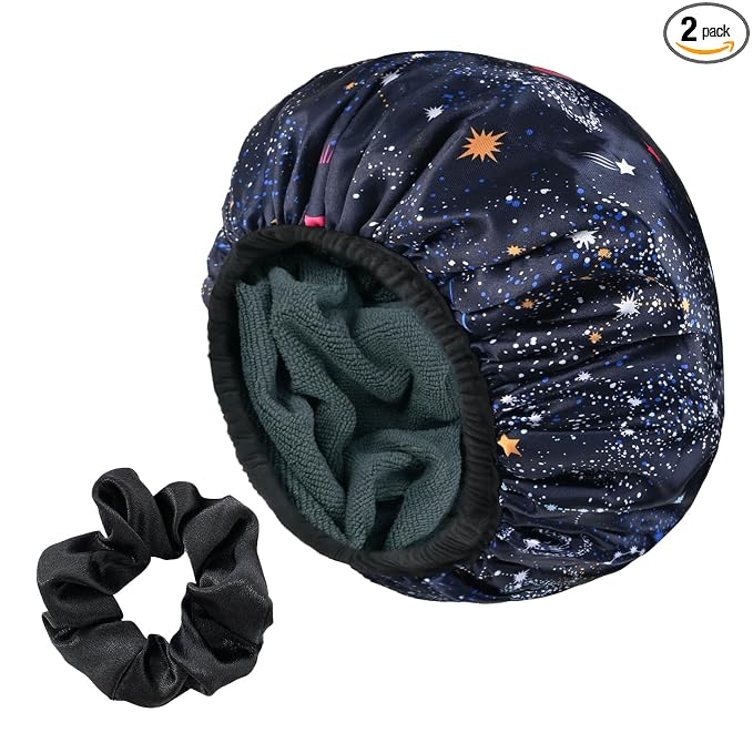 Navy Astral Print Satin Shower Cap, Three-Layer Terry Cloth Lined, by Yonchic