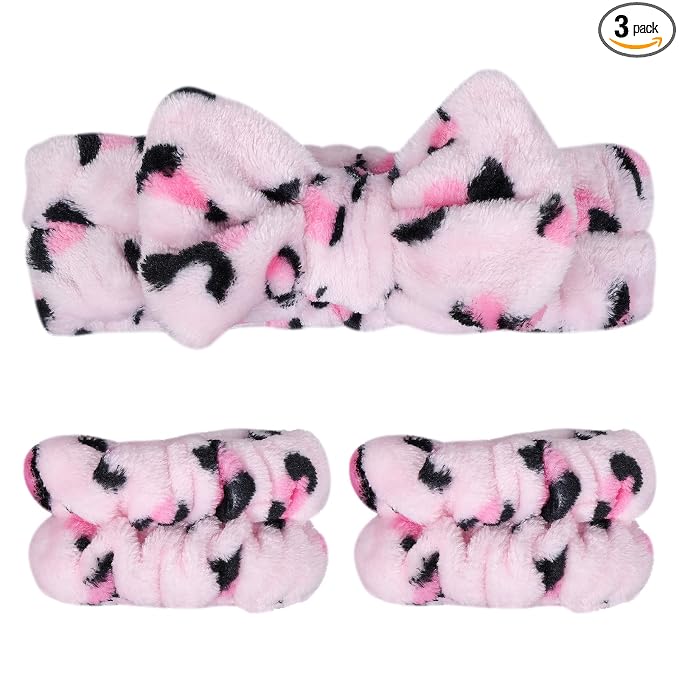 Pink Leopard Print Plush Wash Face Headband Bowknot Cheetah Spa Hair Band Wrist by Miroksh