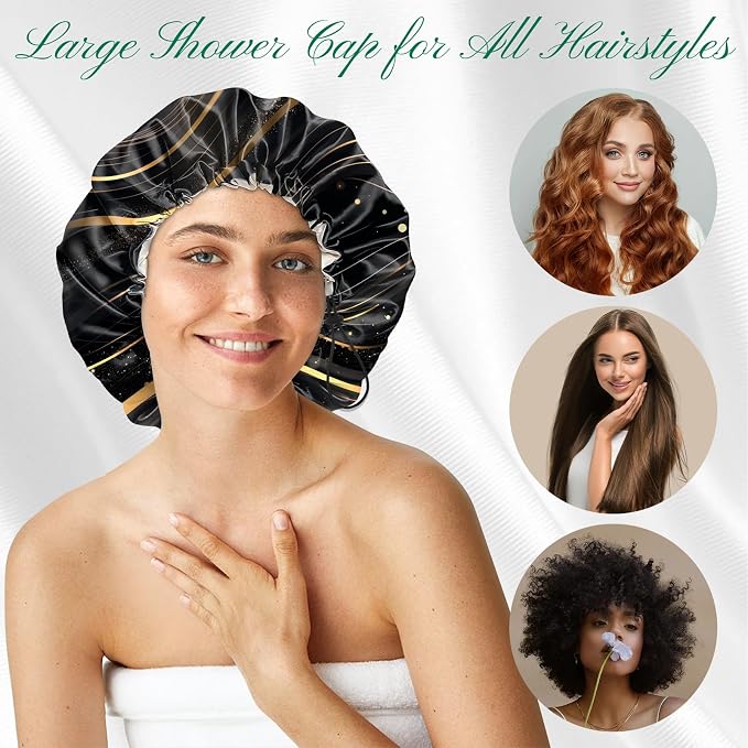 2 PCS Shower Cap Waterproof Double Layer Elastic Adjustable Reusable Hair Bath - Image 4