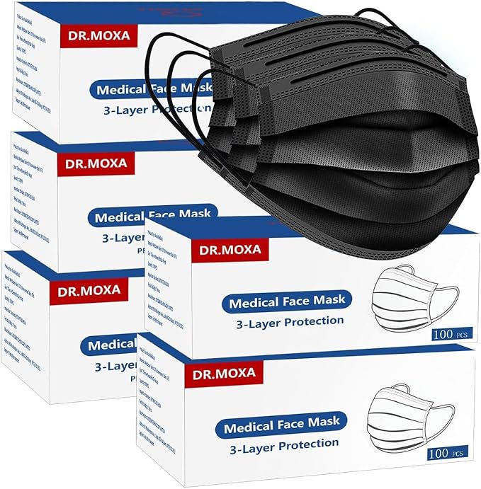 500Pcs Black Medical Disposable Face Mask 3-Ply Protection by DRMOXA