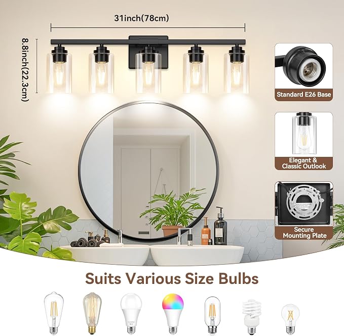 5-Light Matte Black Bathroom Light Fixtures, Bathroom Vanity Lights Over Mirror - Image 8