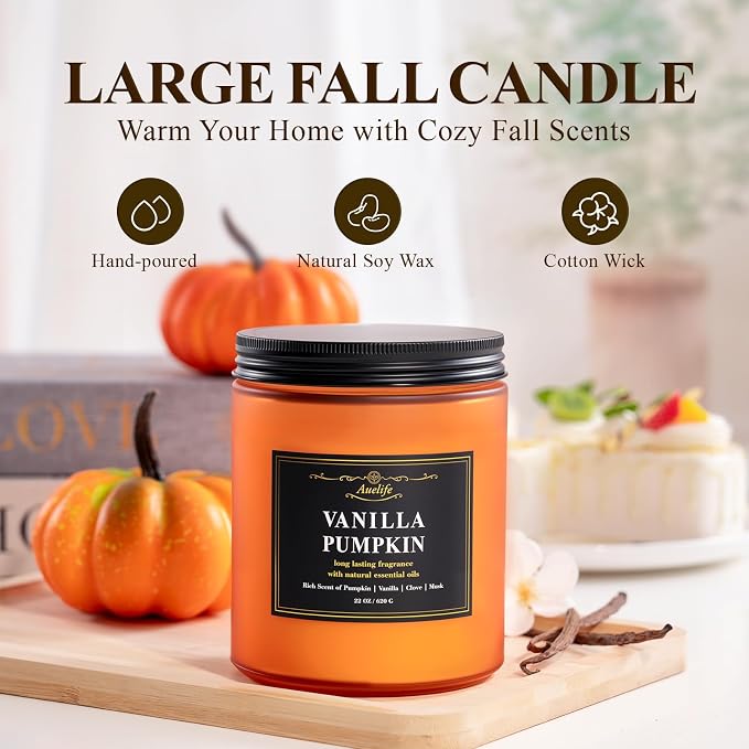Auelife Scented Candle, Vanilla Pumpkin Candles – 22oz Large 3-Wick Holiday Soy - Image 2