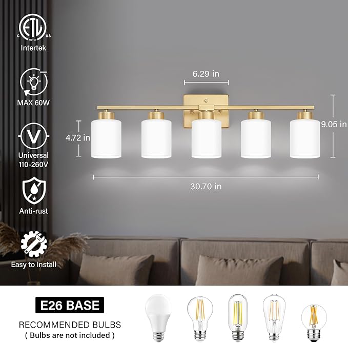 FonmYim Gold Bathroom Light Fixtures, 5-Light Modern Vanity Light Over Mirror - Image 2