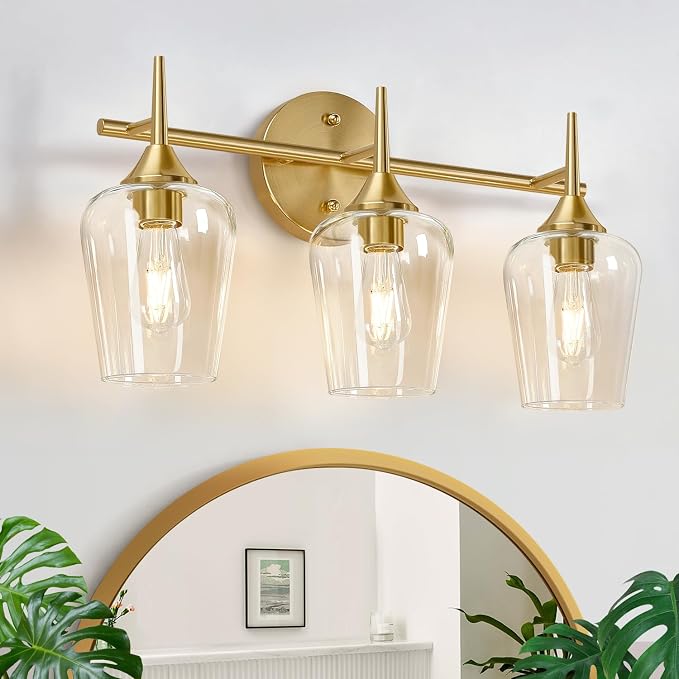 MOKATNG 3-Light Bathroom Light Fixtures, 19.5 Inch Brushed Gold Vanity Lights by Bathroomlightfixtures