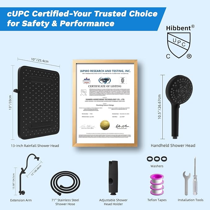 Hibbent cUPC Certified 13'' Shower Head Combo, High Pressure 5 Spray Rainfall - Image 9