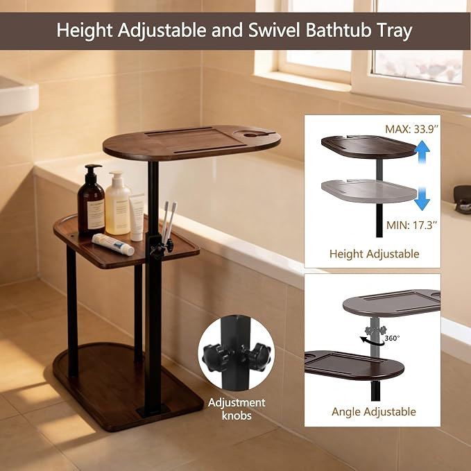 3 Layer Bathtub Tray Table, Bamboo Swivel Bathtub Side Table Height Adjustable - Image 4