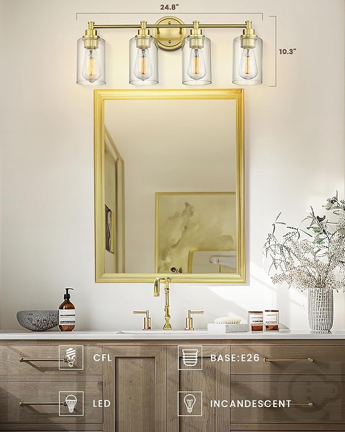 FEMILA Vanity Lights for Bathroom, Modern 4-Light Gold Bathroom Light Fixture - Image 2
