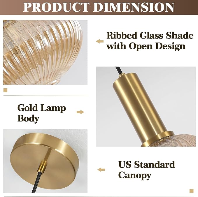 KCO Lighting Vintage Gold Pendant Light Fixture Amber Glass Pendant Light Mid - Image 3