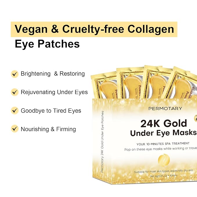 Permotary 30 Pairs Gel Crystal Collagen Under Eye Patches, 24K Gold Eye Mask - Image 3