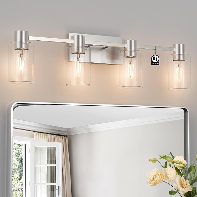 4-Light Modern Vanity Light Fixtures Over Mirror, Brushed Nickel Bathroom Light by Esfos