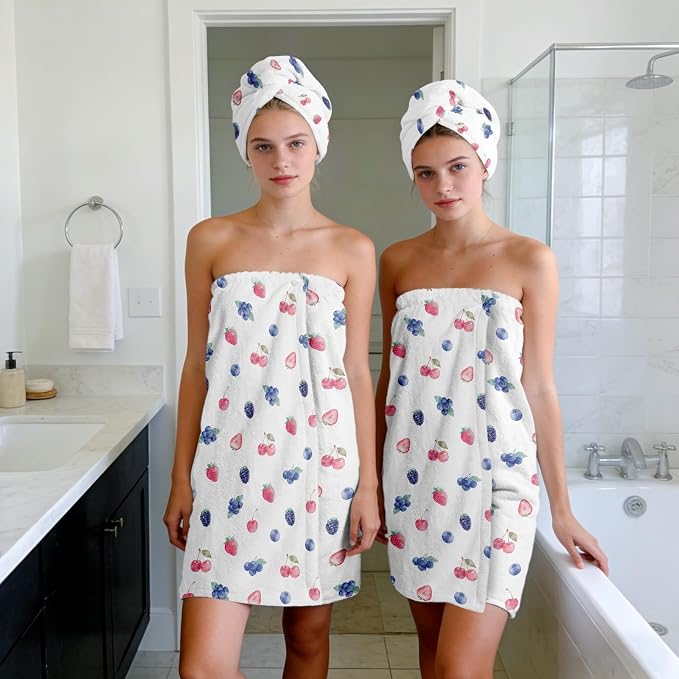 Absorbent Bath Towel Wrap Set for Women, Berries Print Towel Wrap After Shower - Image 7