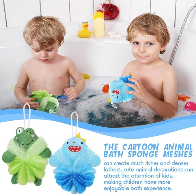 Nuenen 2 Pcs Bath Loofahs Kids Toddler Cute Cartoon Bath Sponges Loofah Pouf - Image 6