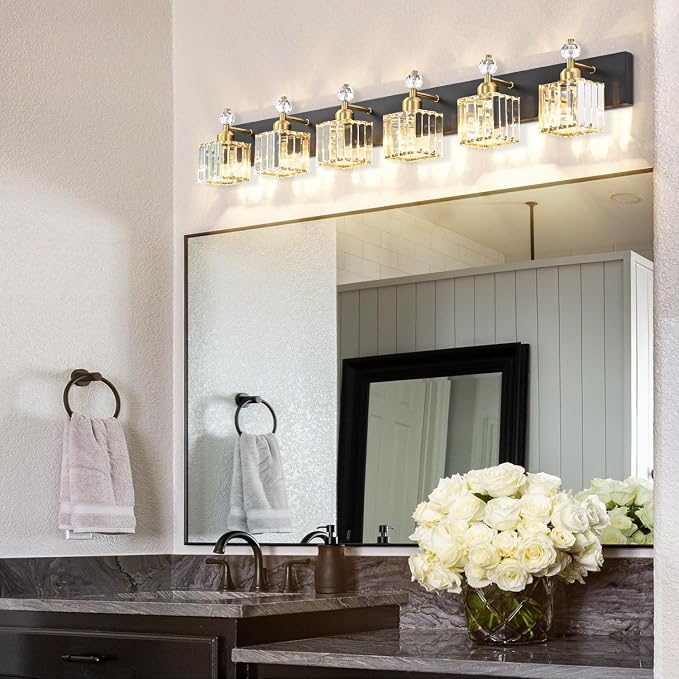 PRESDE 6-Light Crystal Bathroom Lights Fixtures Modern Black and Gold Wall Lamp - Image 3