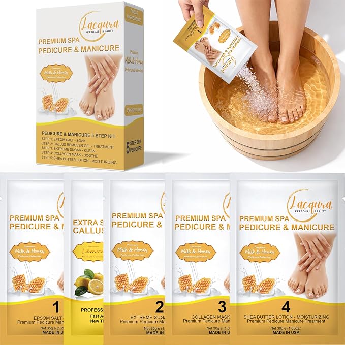 Deluxe Pedicure Kit 5 Step Spa Set – Epsom Salt Soak, Callus Remover Gel by Lacqura