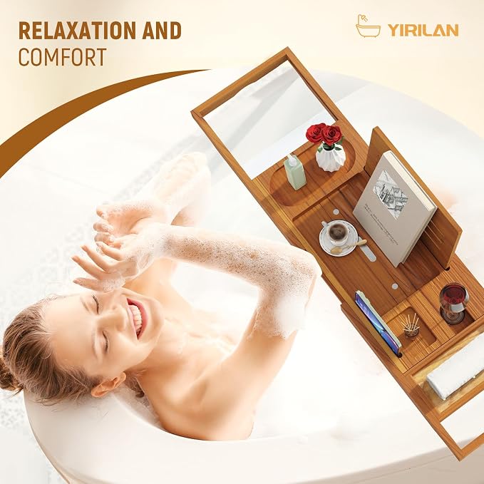 Yirilan Teak Bathtub Tray for Tub, Bath Table Tray for Tub Wood, Bathtub Caddy - Image 4