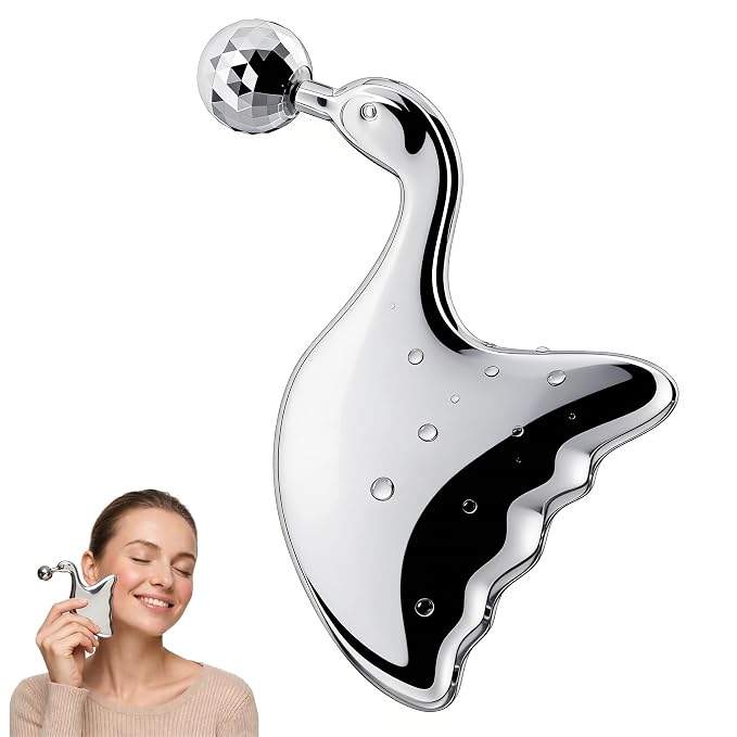 Stainless Steel Gua Sha with Eye Roller, 2026 Updated 2 in 1 Swan Shaped Face by Amirce