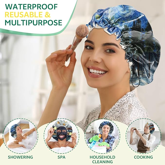 2 PCS Shower Cap Waterproof Double Layer Elastic Adjustable Reusable Hair Bath - Image 6