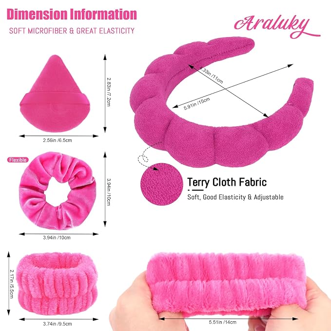 7Pcs Puffy Spa Set: Terry Cloth Headband, Wristbands, Scrunchies, Powder Puffs - Image 4