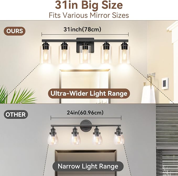 5-Light Matte Black Bathroom Light Fixtures, Bathroom Vanity Lights Over Mirror - Image 6