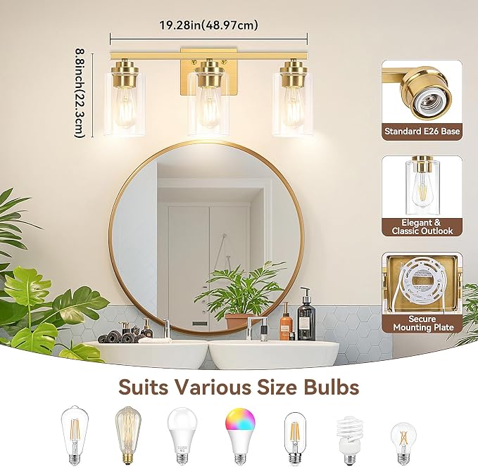 3-Light Bathroom Light Fixtures, Classic Wall Light Fixture - Image 8