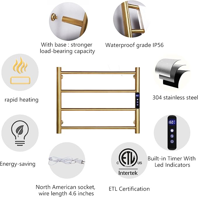 Heated Towel Rack Gold, 4 Bars Towel Warmer Rack - Image 6