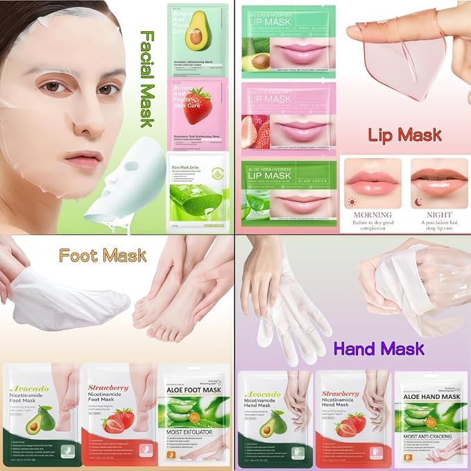 12PC Natural At-Home Spa Skincare Kit | Strawberry Aloe Vera Avocado Face Hand - Image 2