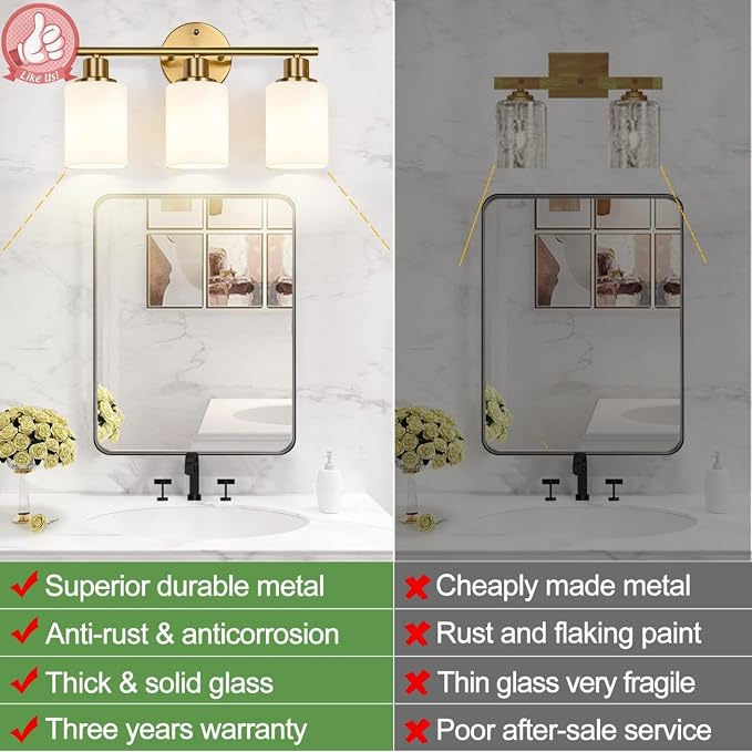 Zarbitta 3-Light Bathroom Light Fixtures, Brushed Gold Vanity Light, Farmhouse - Image 3