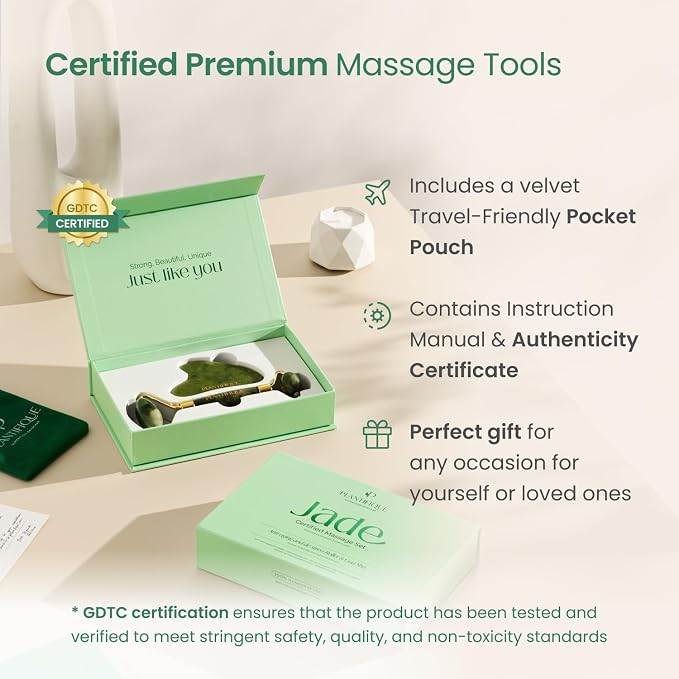 PLANTIFIQUE Jade Roller & Gua Sha Set – Real Jade Facial Tools - Image 6