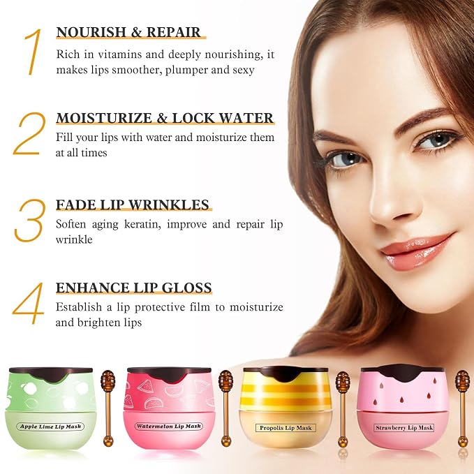 4 PCS Honey Lip Balm Pot, Honey & Strawberry & Watermelon & Apple Lime Lip Mask - Image 5