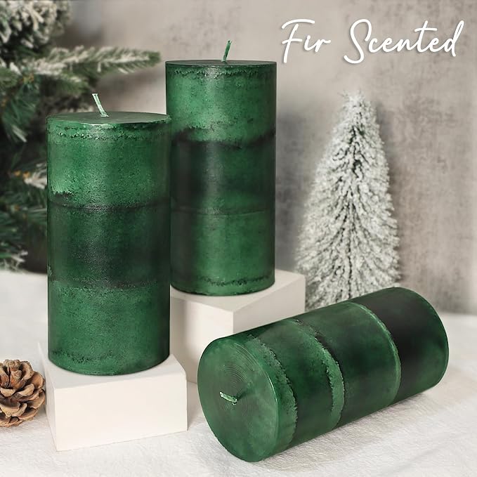 Dark Green Pillar Candles 3x6 Inch Fir Scented Candles Hand-Poured Long Lasting - Image 2