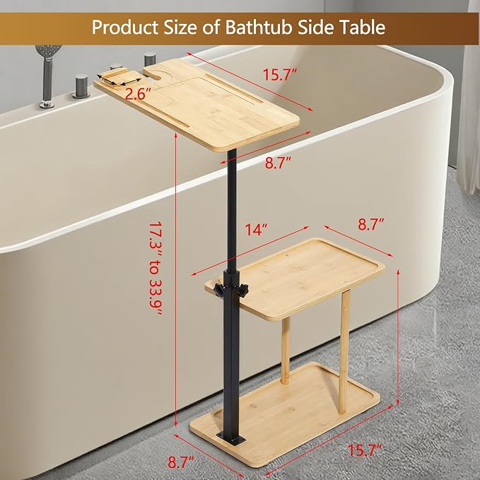 3 Layer Bathtub Tray Table, Bamboo Swivel Bathtub Side Table Height Adjustable - Image 5