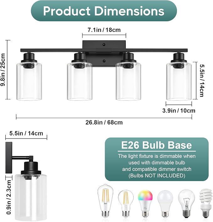Ascher Bathroom Light Fixtures, 4-Light Vanity Light Over Mirror, Matte Black - Image 2